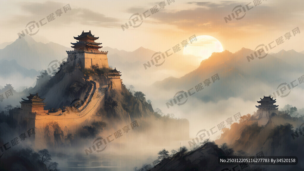 龙抬头 长城 日出 中国画