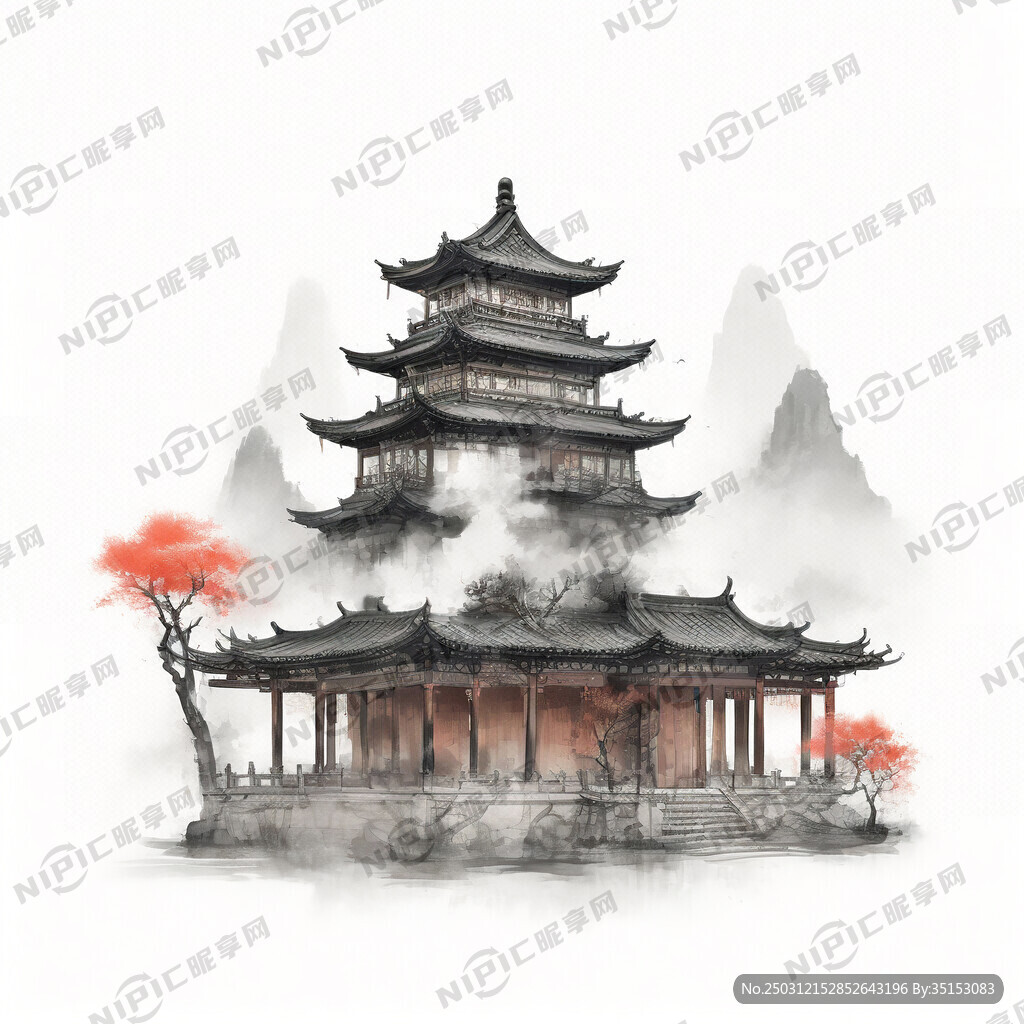 中国风通用水墨中式建筑组合元素