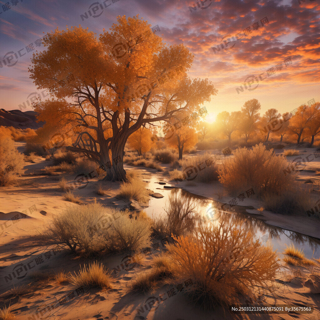 夕阳下的沙漠胡杨