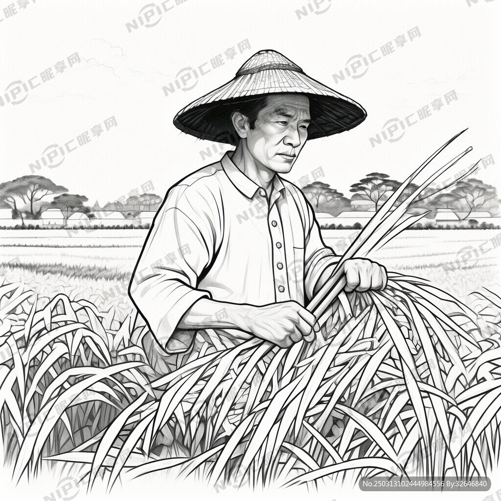 农民  稻田 收割 线条图