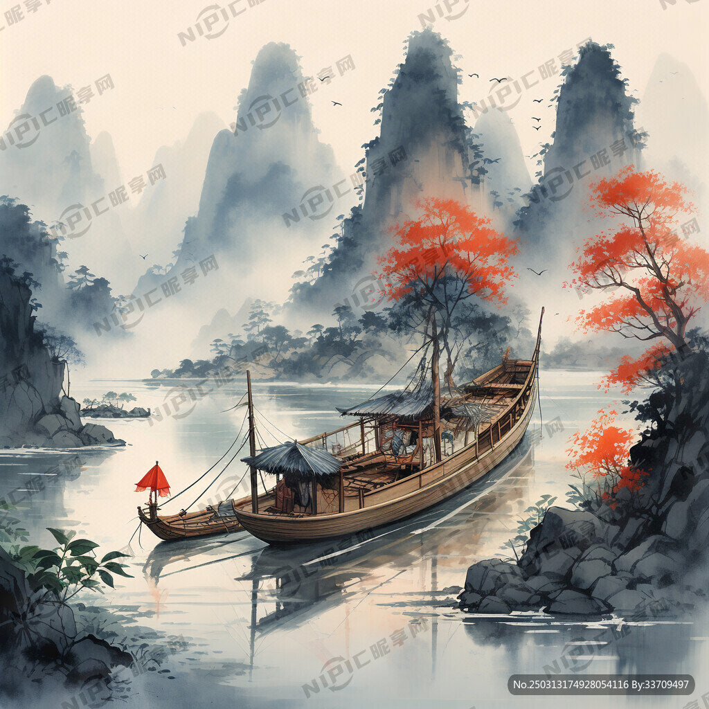 国画山水游小乌篷船