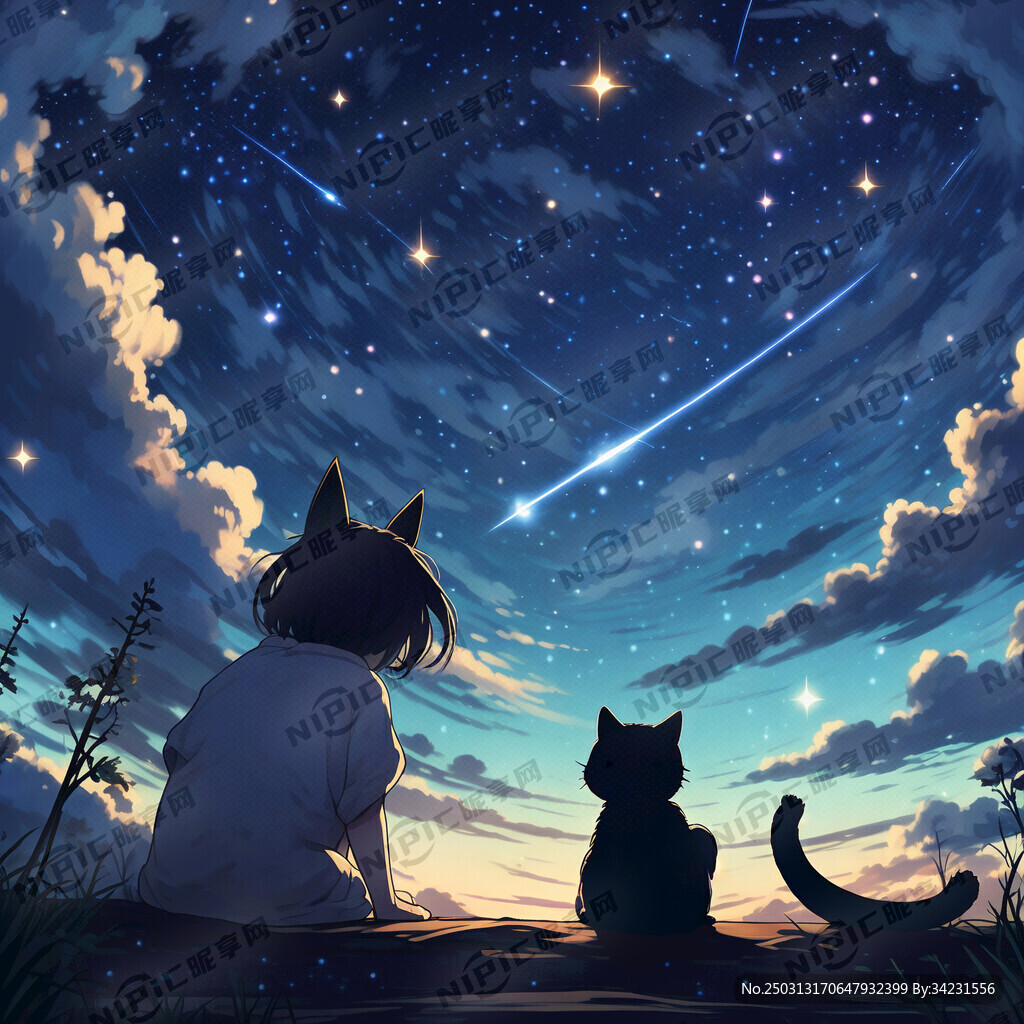 星空背景 女孩跟猫咪的望着星空