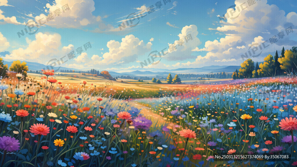 油画风 小清新 简约 花海