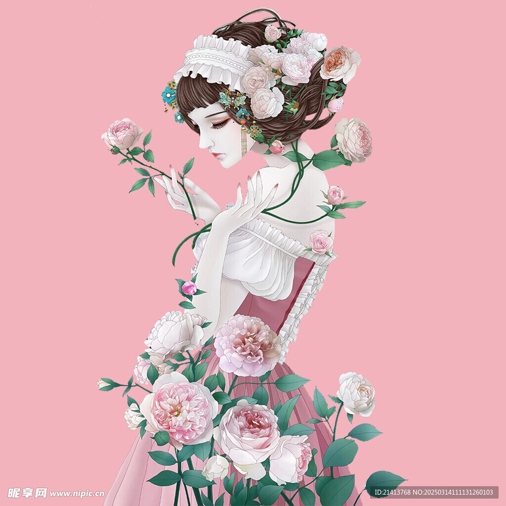 手绘鲜花女孩