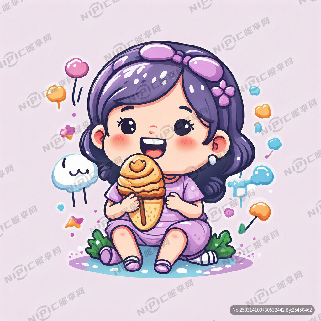 吃雪糕小女孩 卡通 扁平 矢量