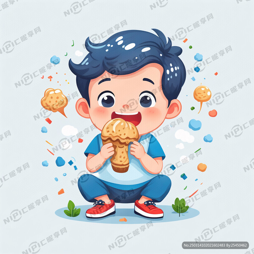 吃雪糕小男孩 卡通 扁平 矢量