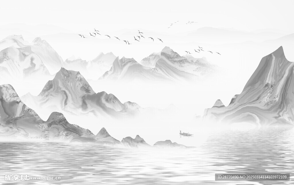 中国风山水画飞鸟河流群山