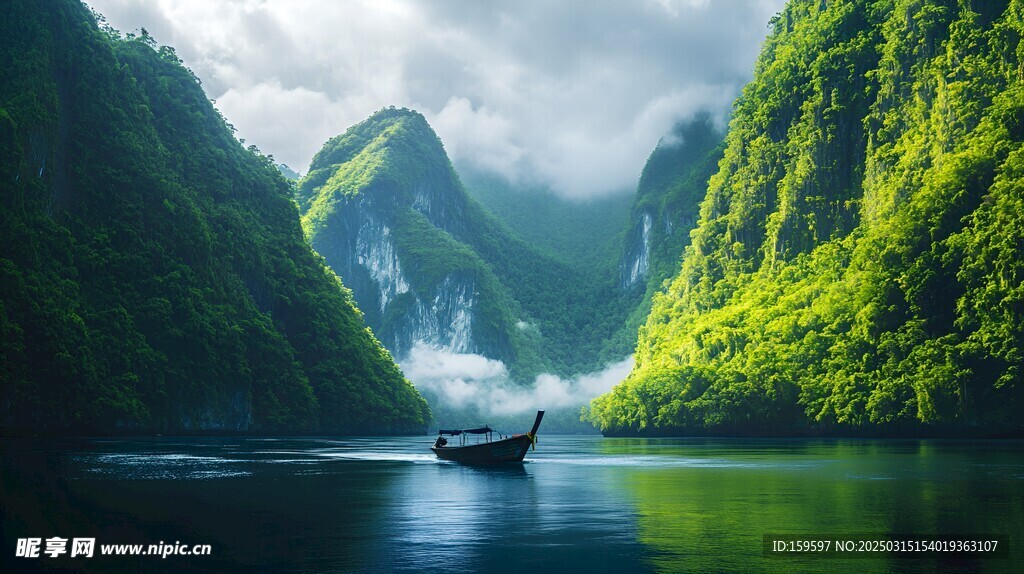 青山绿水间小船静浮湖面