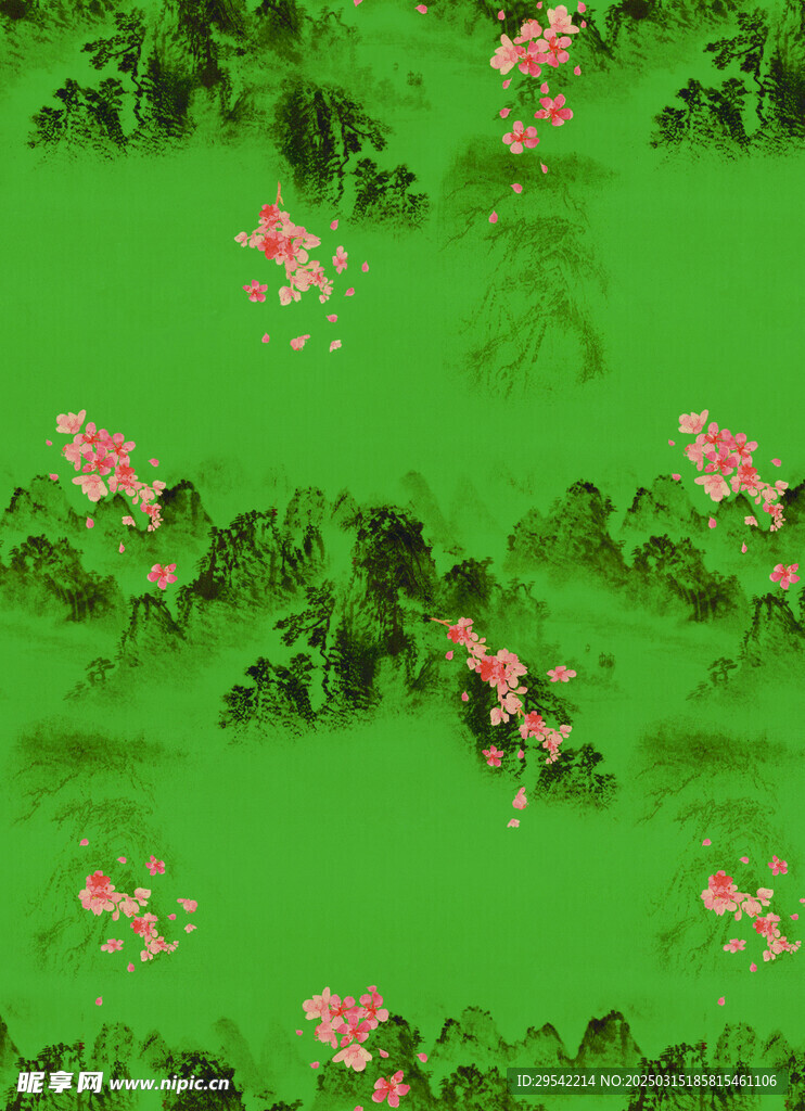 国风绿底山水