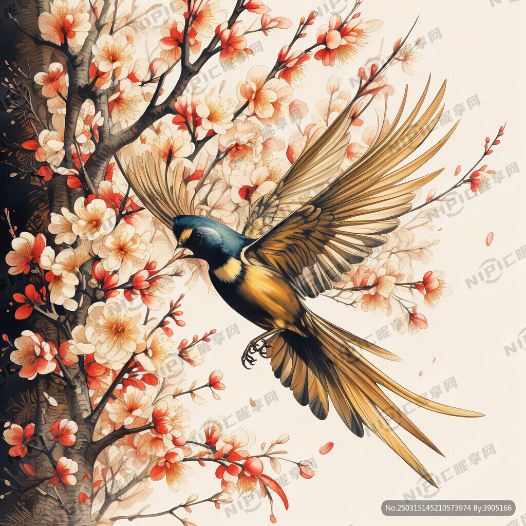 金丝雀飞向梅花树 插画