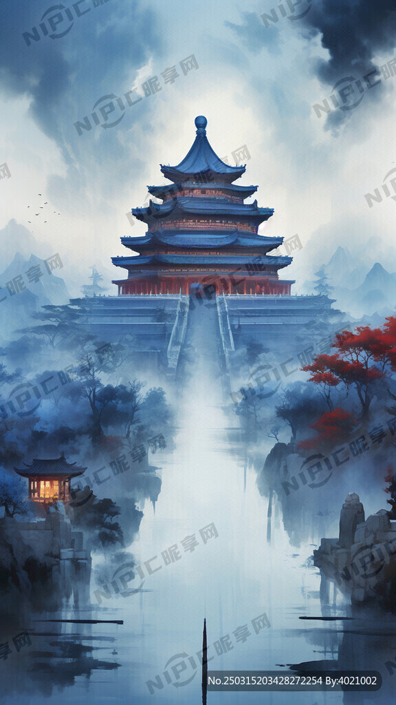 蓝色山水破魔调水墨晕染