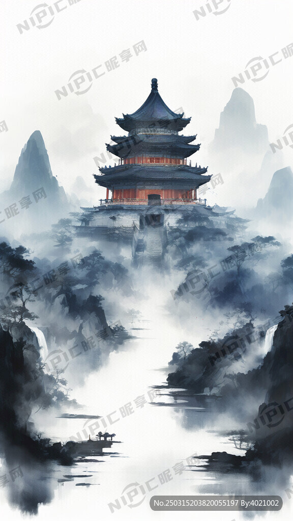 淡蓝色山水泼墨调水墨晕染
