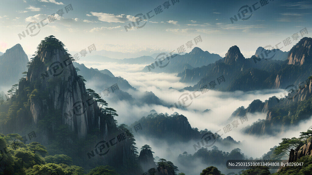 生成黄山高耸的山峰照片