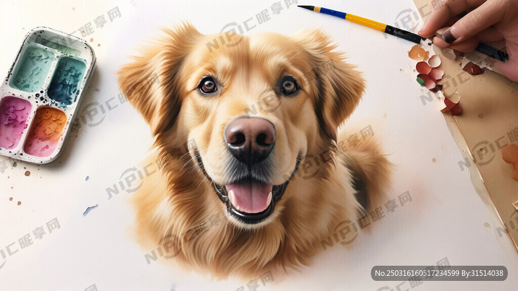 手绘 金毛犬 水彩