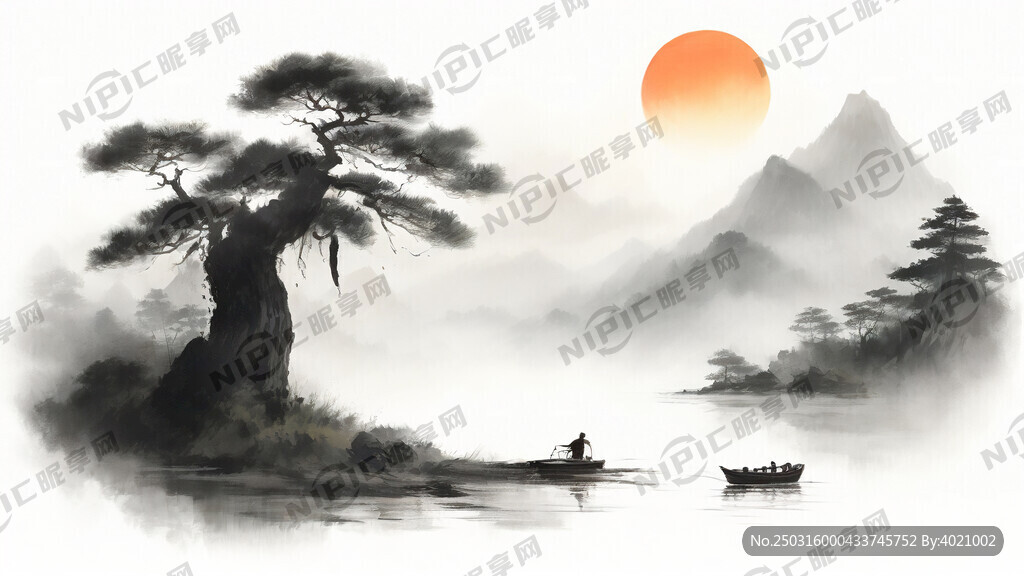 这是一幅中式风格的山水画。画面