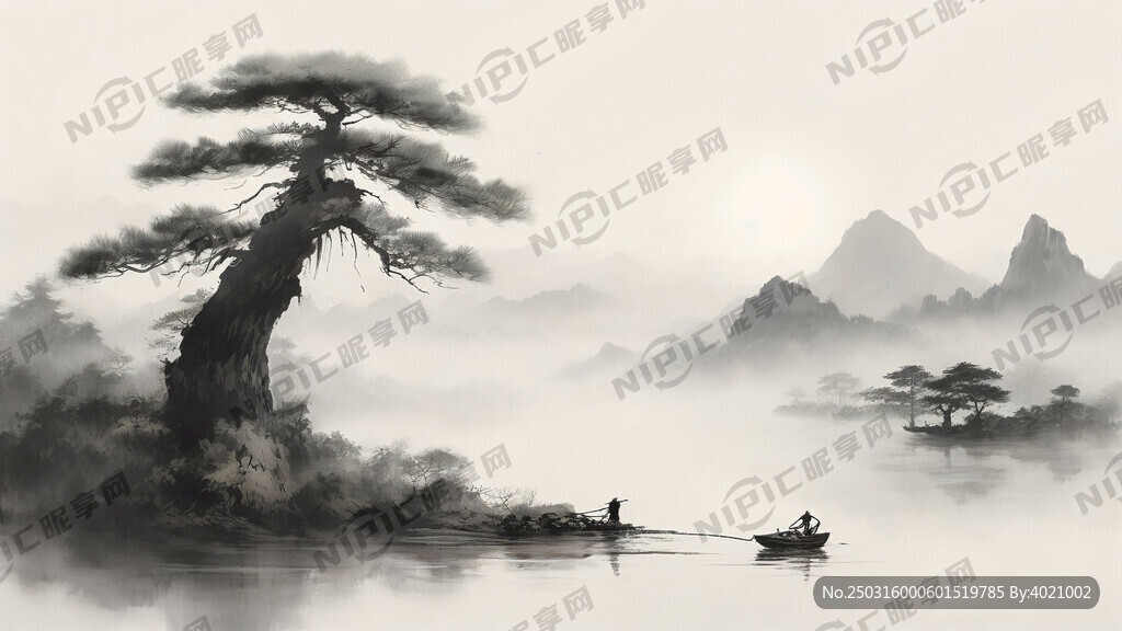 这是一幅中式风格的山水画。画面