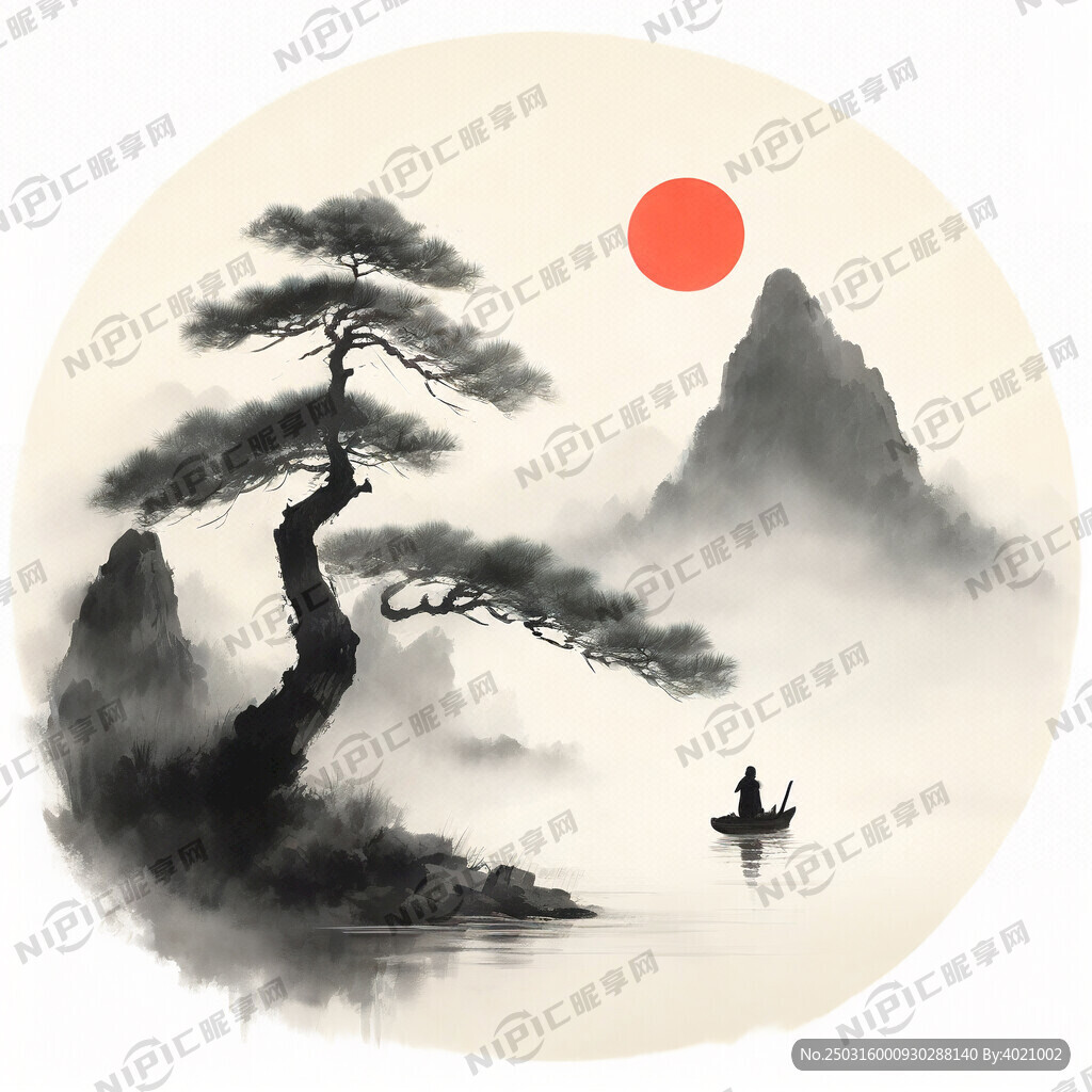 这是一幅中式淡绿色风格的水墨画