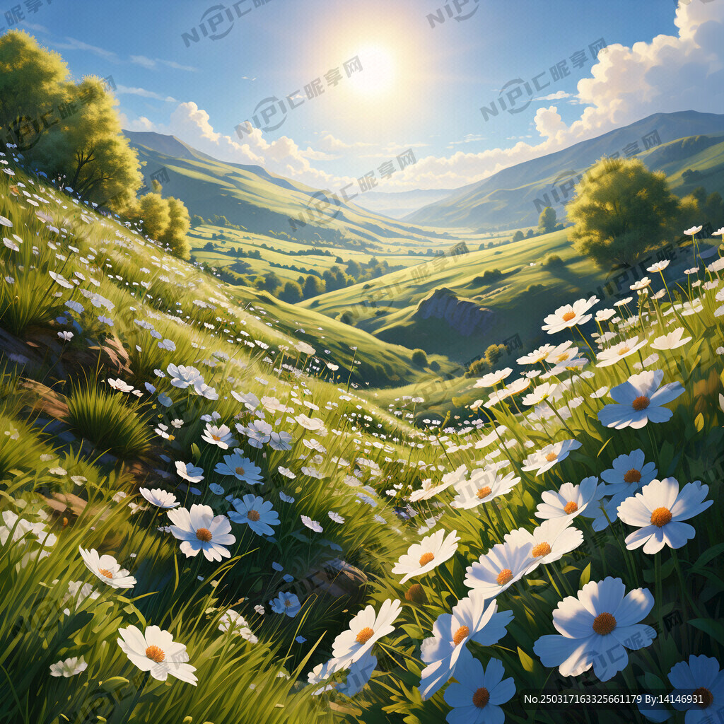 蓝天白云山坡草地左上角有树叶近