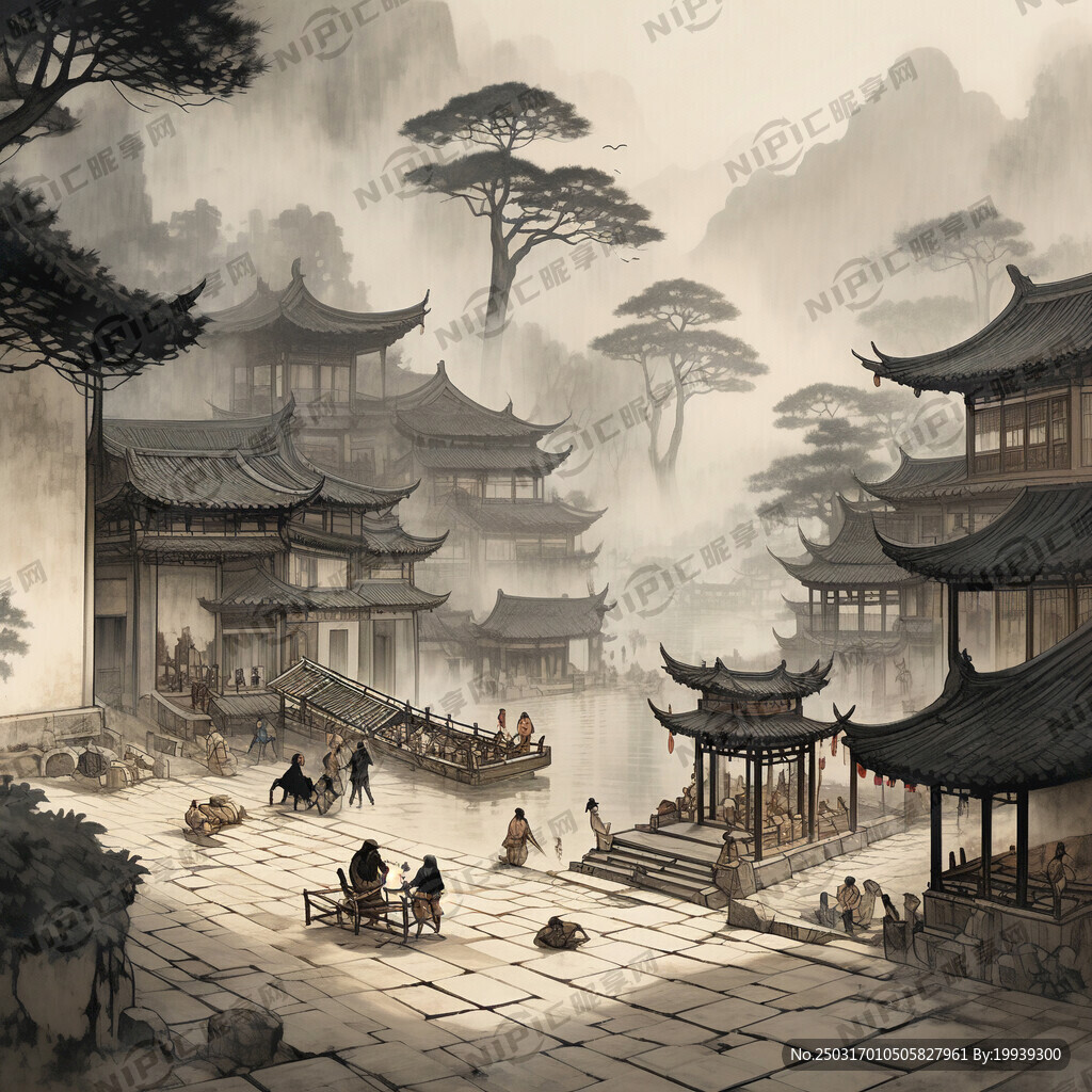 中式风景 江南庭院 古人忙碌