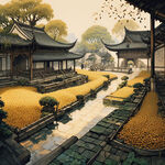 江南庭院，古忙碌着铺满庭院稻谷，中景雕花木构屋顶砖雕斜坡，传统元素，长焦镜头，和谐，宁静。