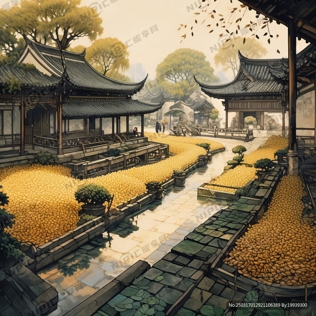 江南庭院 古忙碌着铺满庭院稻谷