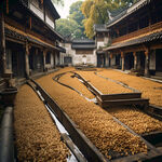 江南庭院，古忙碌着铺满庭院稻谷，中景雕花木构屋顶砖雕斜坡，传统元素，长焦镜头，和谐，宁静。