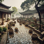 江南庭院，古人在庭院忙碌着稻谷，中景雕花木构屋顶砖雕斜坡，传统元素，长焦镜头，和谐，宁静。