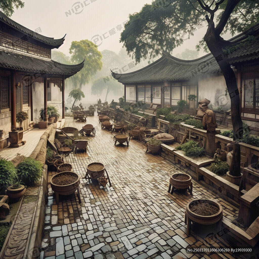 江南庭院 古人在庭院忙碌着稻谷