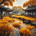 江南庭院，古人在庭院忙碌铺满黄灿灿的水稻，中景雕花木构屋顶砖雕斜坡，传统元素，中焦镜头，和谐，宁静。