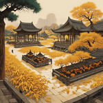 江南庭院，在庭院忙碌铺满黄灿灿水稻的古人，中景雕花木构屋顶砖雕斜坡，传统元素，中焦镜头，和谐，宁静。