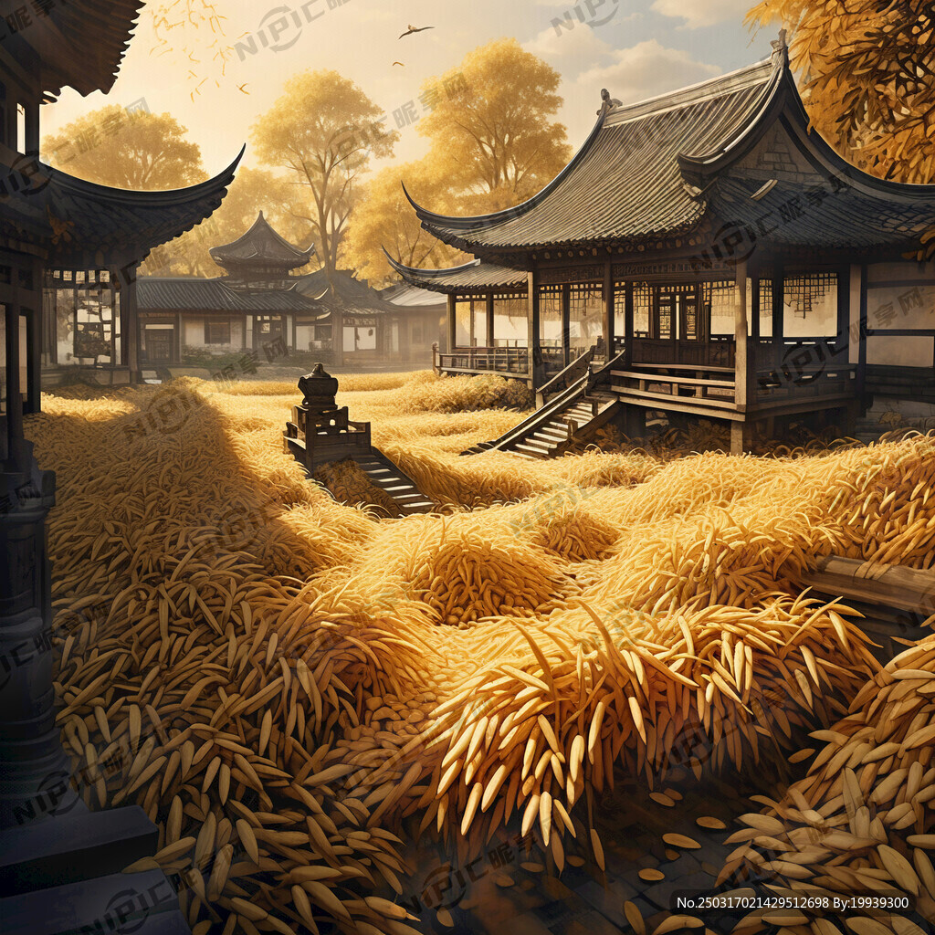江南庭院 黄金稻谷 古人忙碌