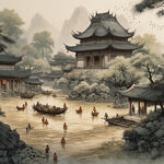 江南庭院，古人忙碌，稻谷堆满院院，雕花木构屋顶，中焦镜头，和谐，宁静。