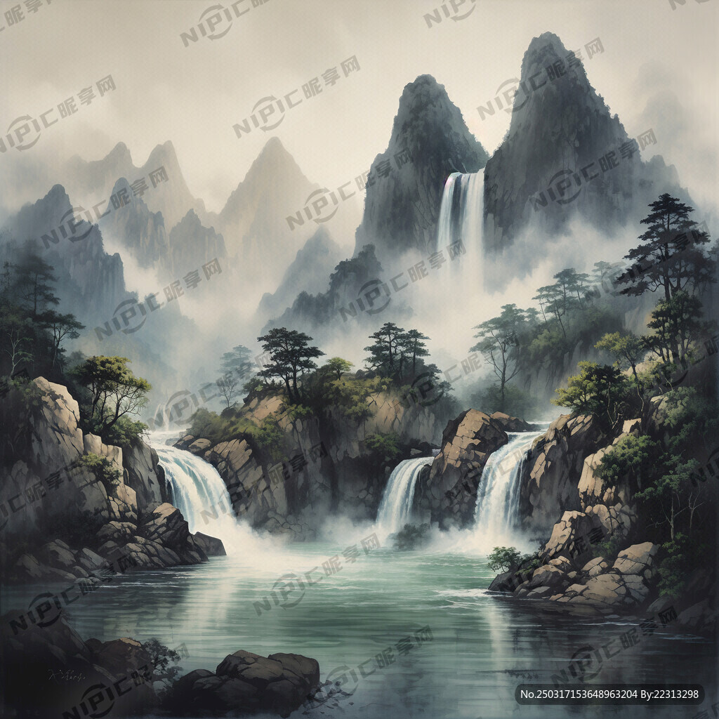 山水瀑布油墨画