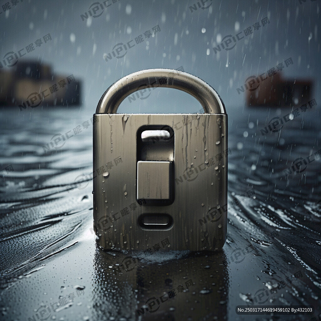 雨中锁在海上集装箱上的不锈钢锁