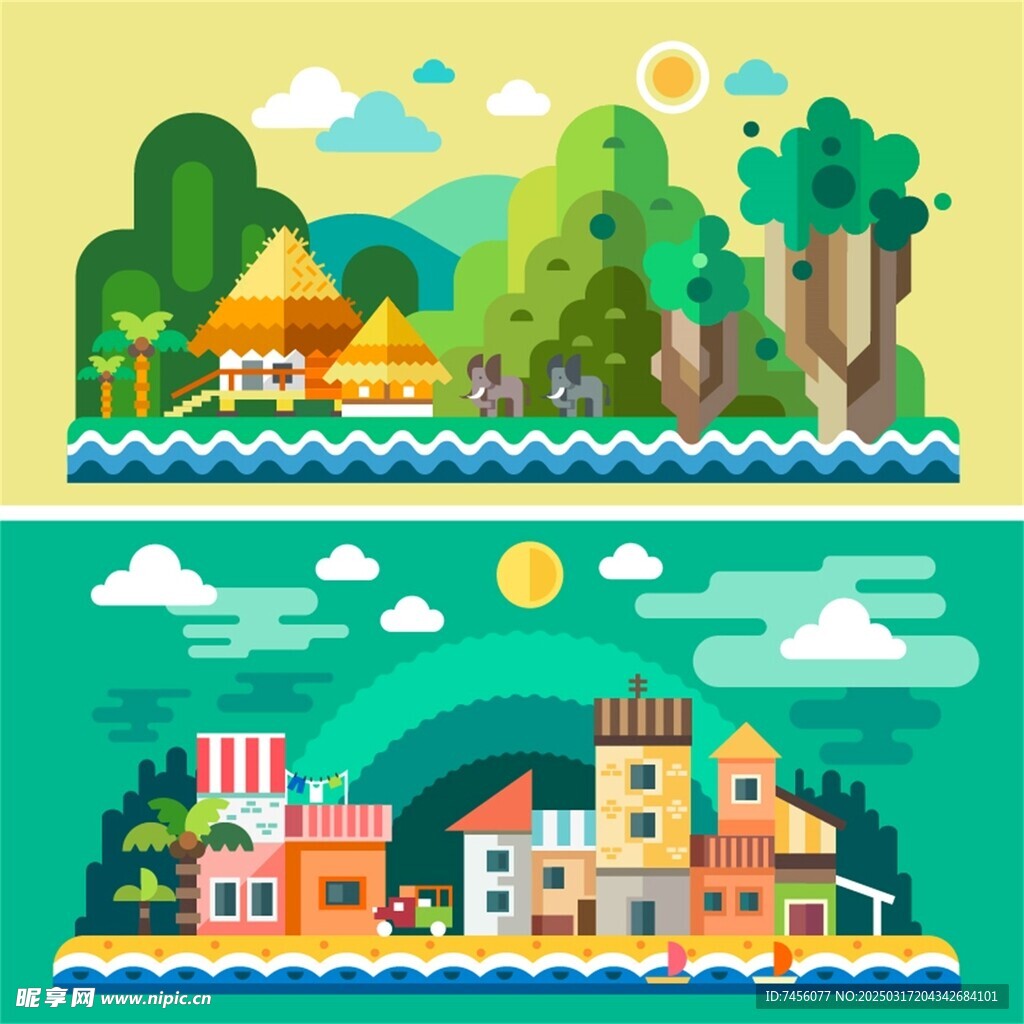 卡通扁平化建筑风景画插画