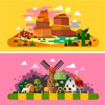 卡通扁平化建筑风景画插画素材