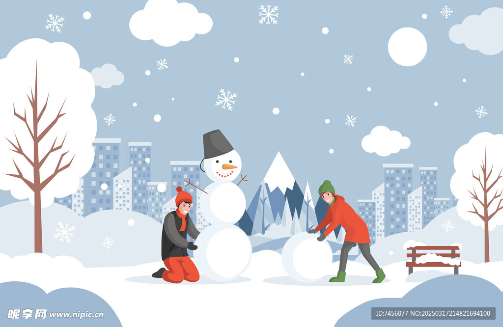 矢量雪景雪人风景画插画