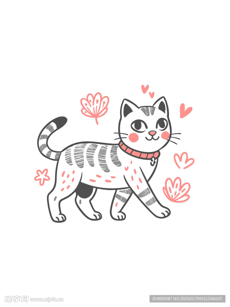 线描可爱宠物猫咪插画