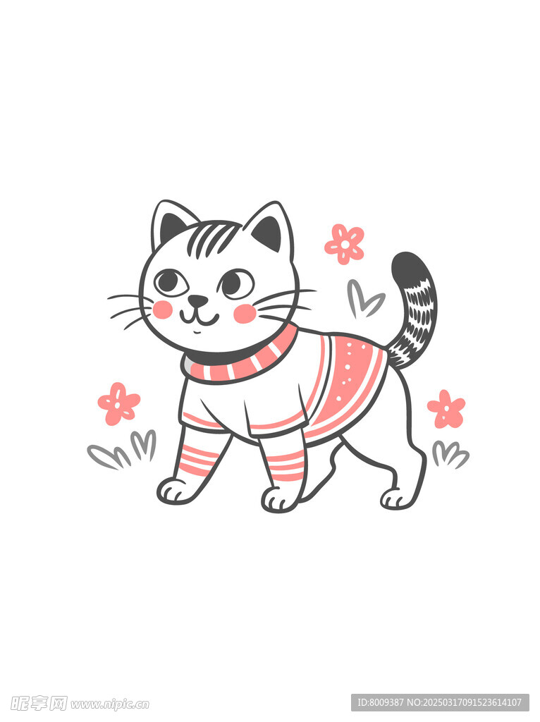 线描可爱宠物猫咪插画