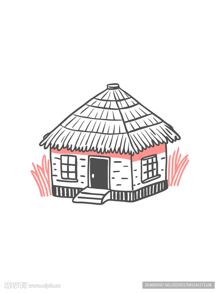 线描茅草屋插画