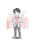 线描城市男孩插画