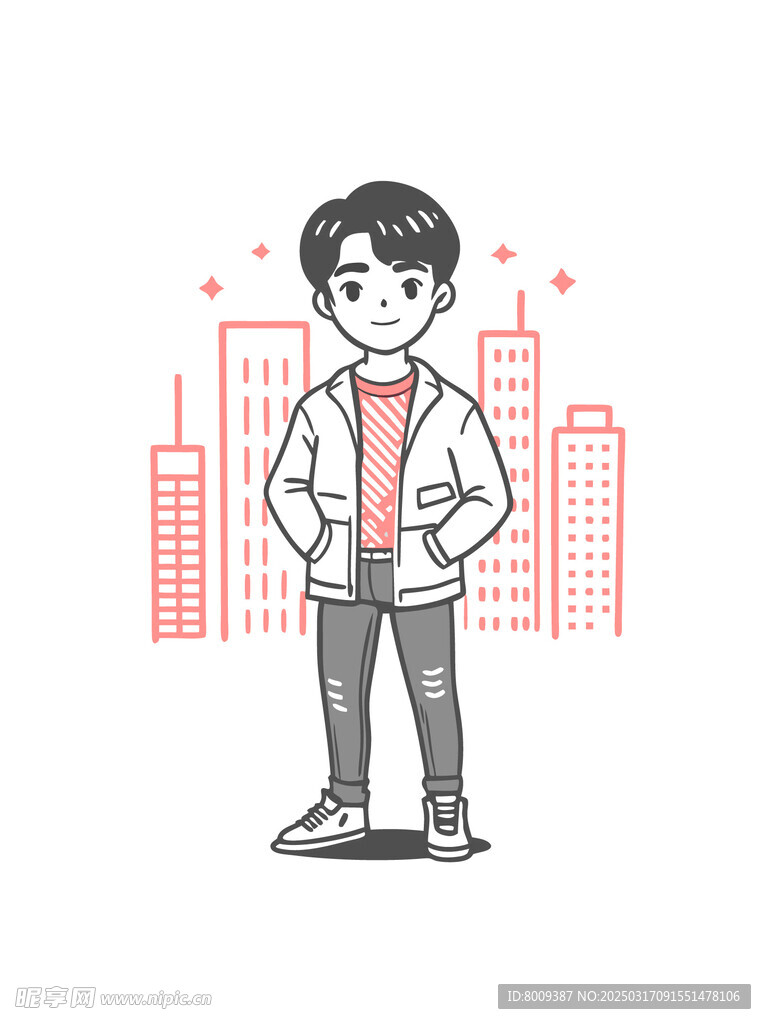 线描城市男孩插画