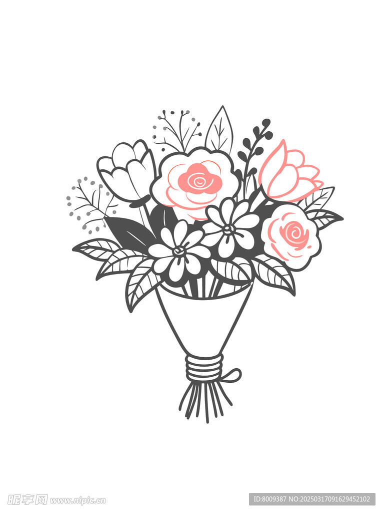 线描鲜花花束矢量插画
