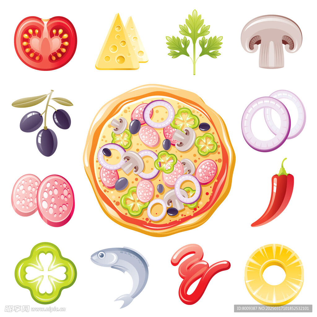 美味披萨与食材卡通插画