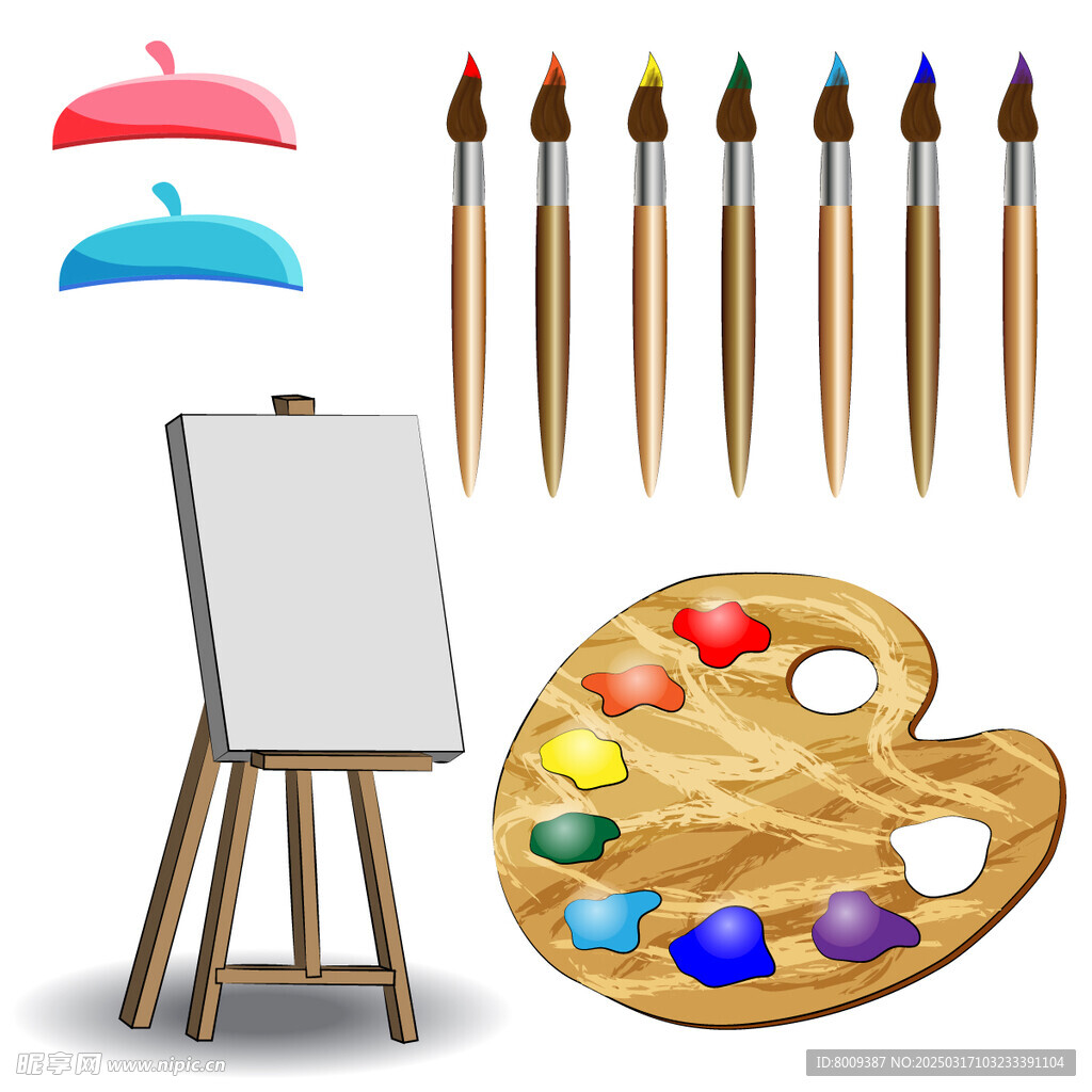 绘画画笔画架与工具卡通插画