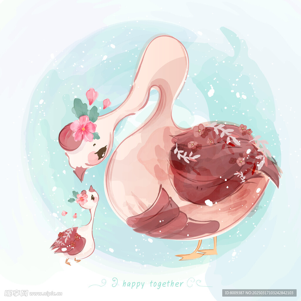 手绘天鹅母子插画