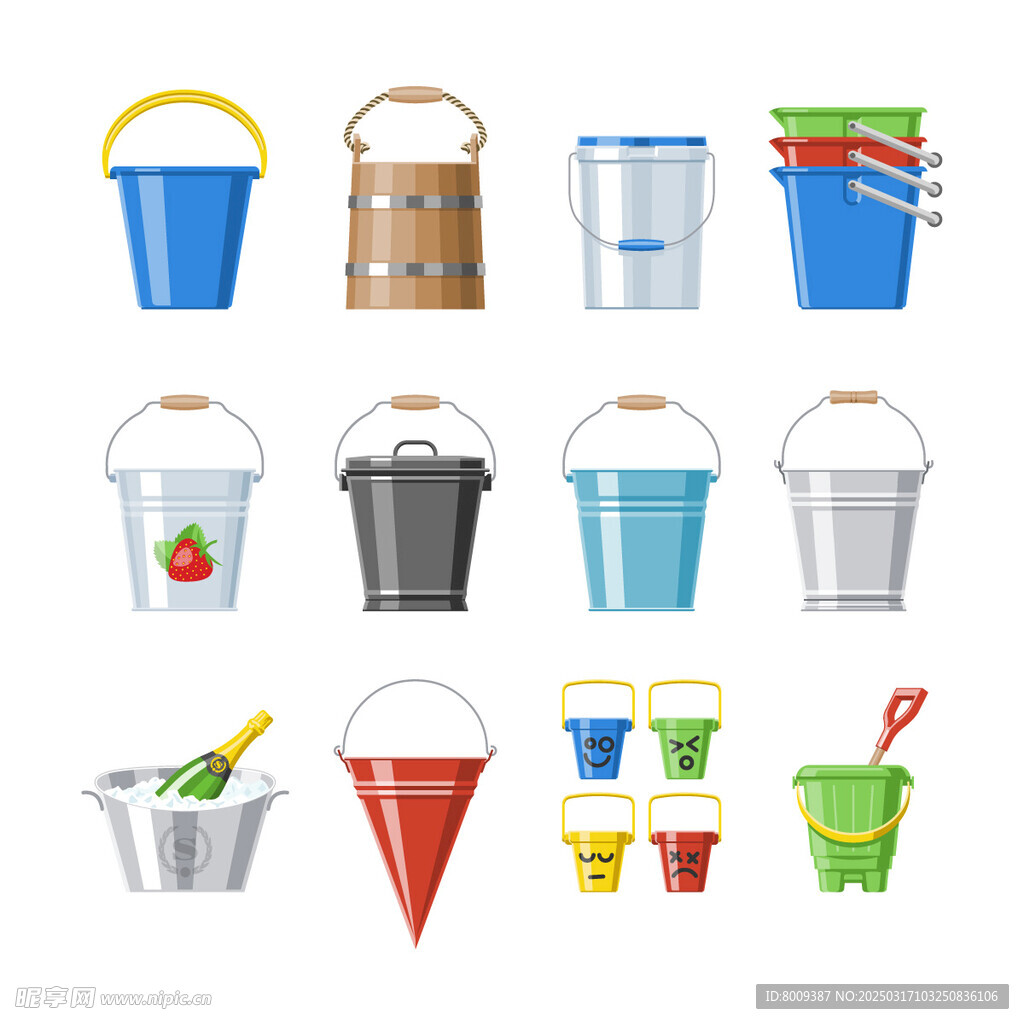 水桶木桶塑料桶铁桶卡通插画