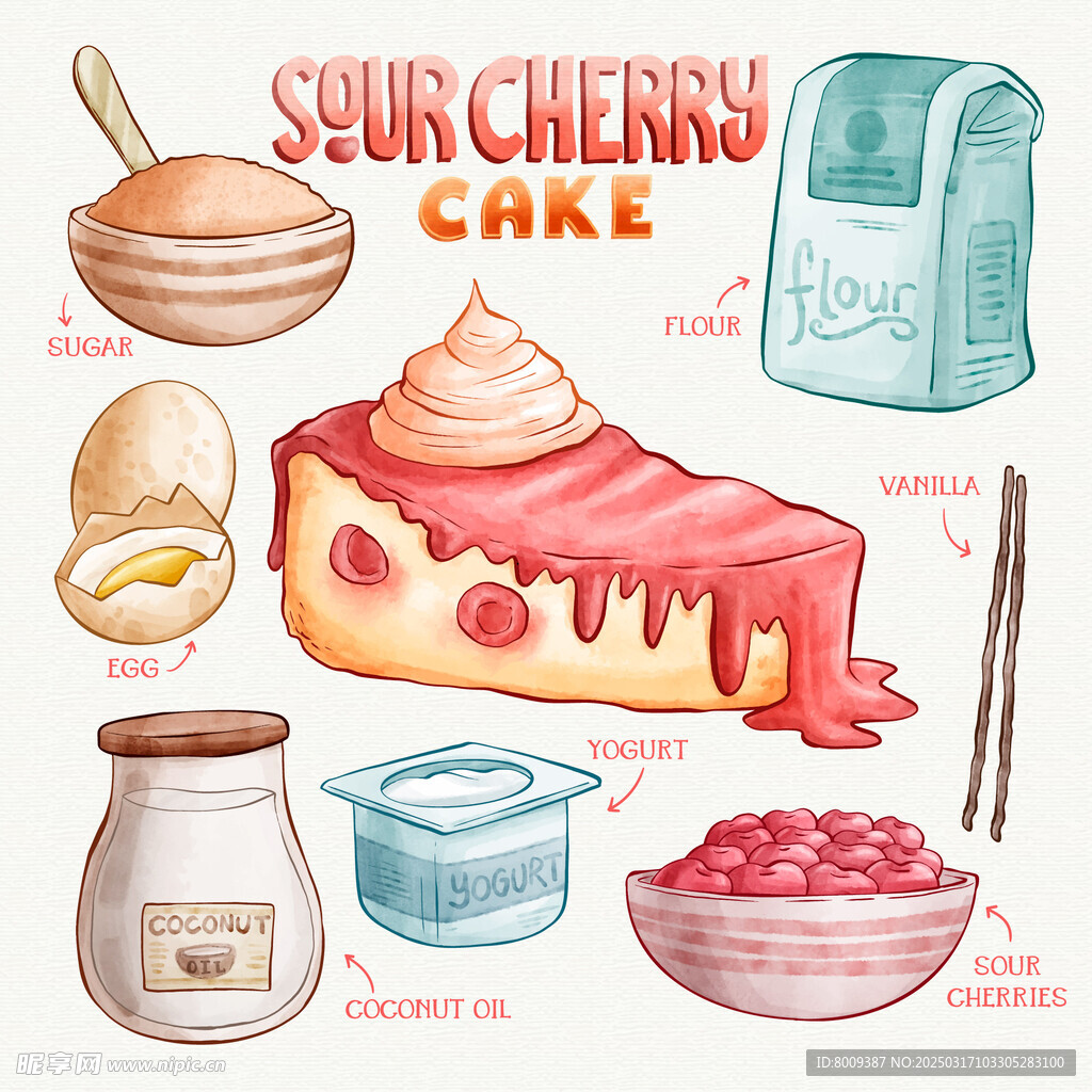 美味甜点蛋糕与食材插画