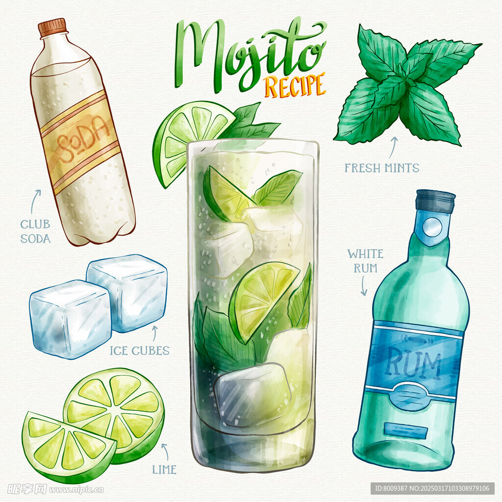 美味汽水与饮品水彩插画