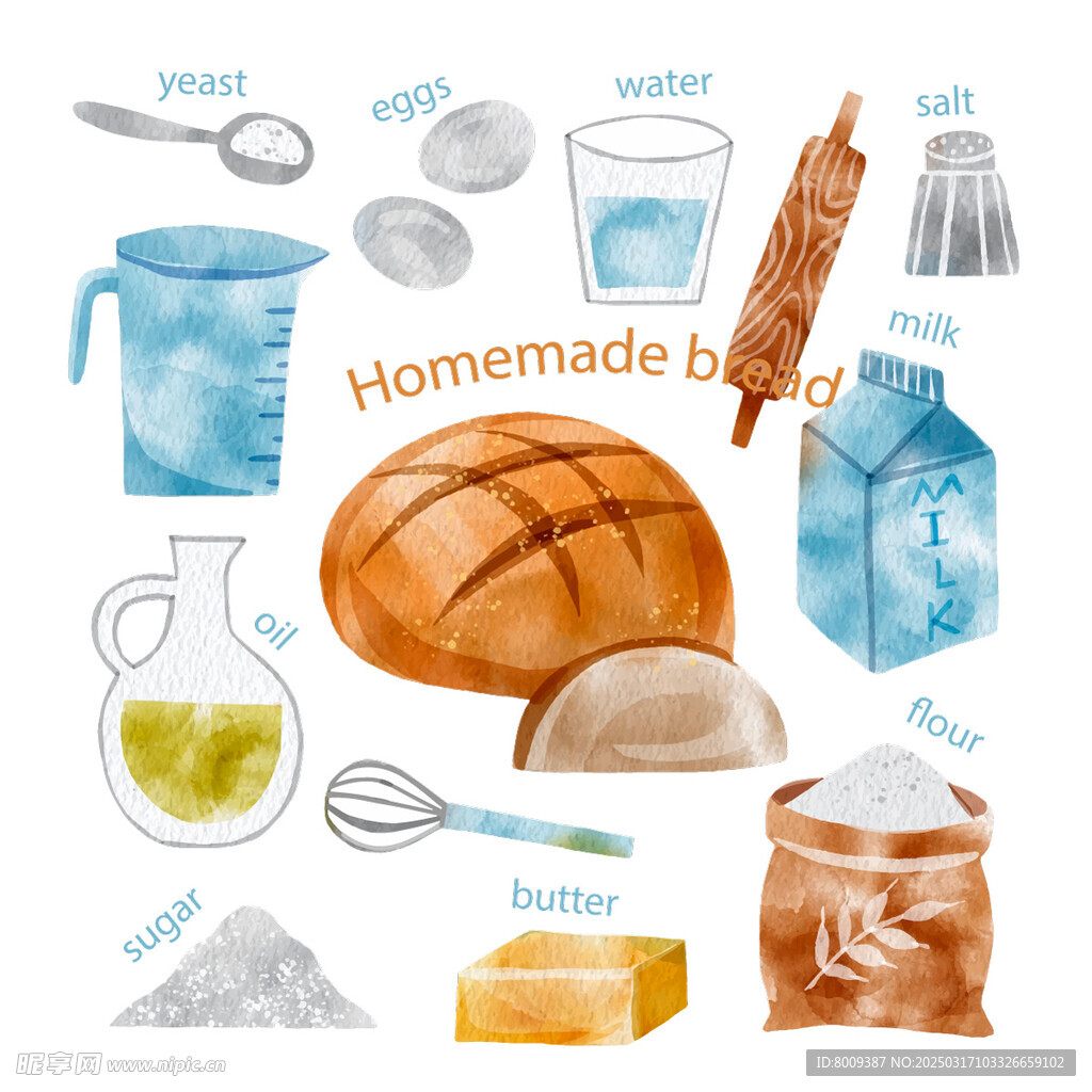 烘焙面包与食材水彩插画